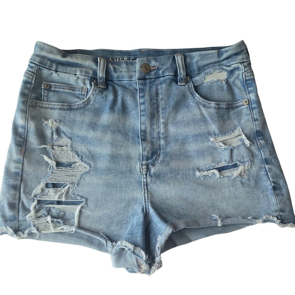 American Eagle US 8 Curvy Hi Rise Stretchy Women's Ripped LightBlue Jean Shorts